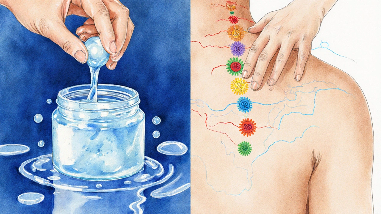 Ilustrace ukazující Nuru gel a celý tělesný kontakt versus tantra ruční techniky a čakry.