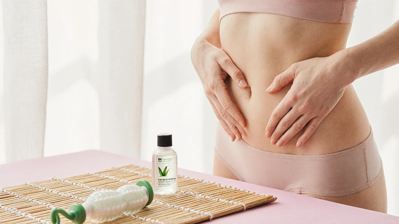 Ruce jemně masírují vnější oblast pochvy, vedle leží silikonový váleček a láhev aloe gelu.