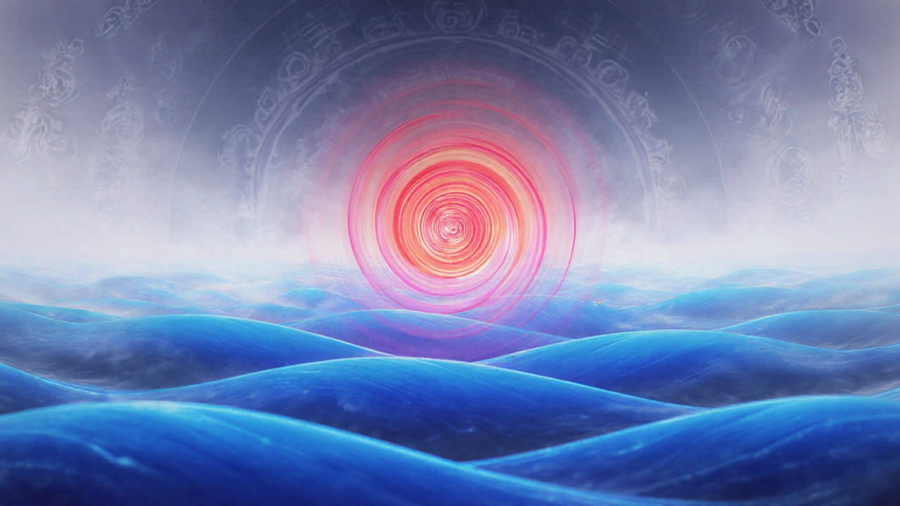 Abstraktní proud energie Jin a Jang proudící z pánve do hlavy, symbolicky znázorněný barvami a tvary.