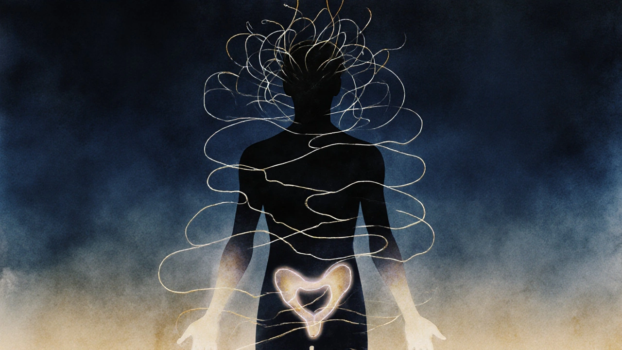 Abstraktní znázornění uvolnění těla a mysli skrze světelné vlny vycházející z pánve.