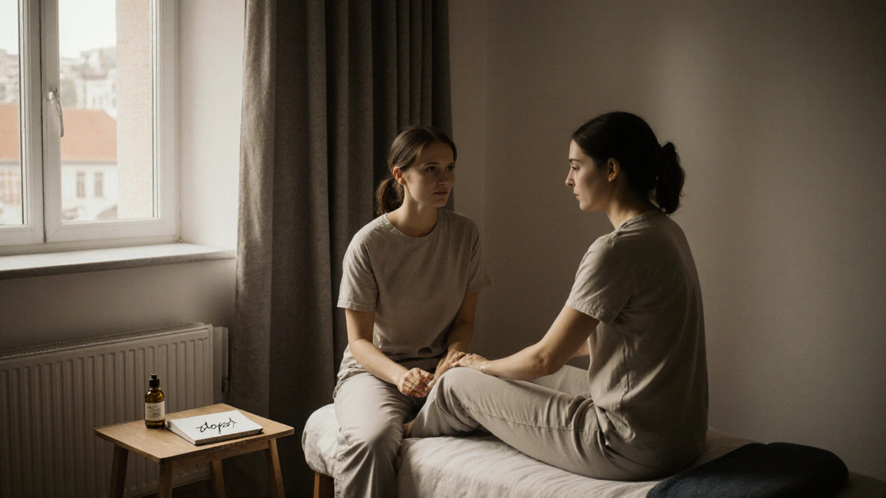 Certifikovaný terapeut a žena v klidném studiové prostředí, ruka se blíží k tělu, ale ještě nedotýká, na stole je poznámka &#039;stop&#039;.