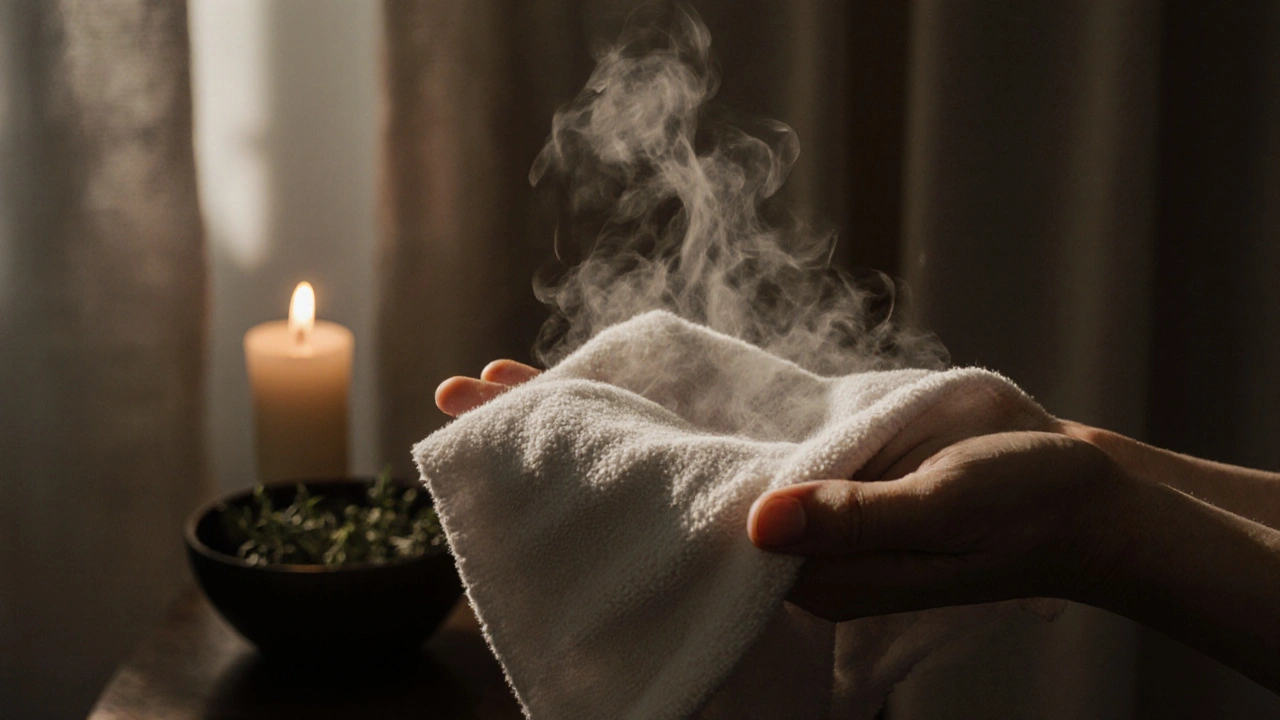 Detail horké bavlněné žínky s lehkým párou, klidně ležící na dlaní.