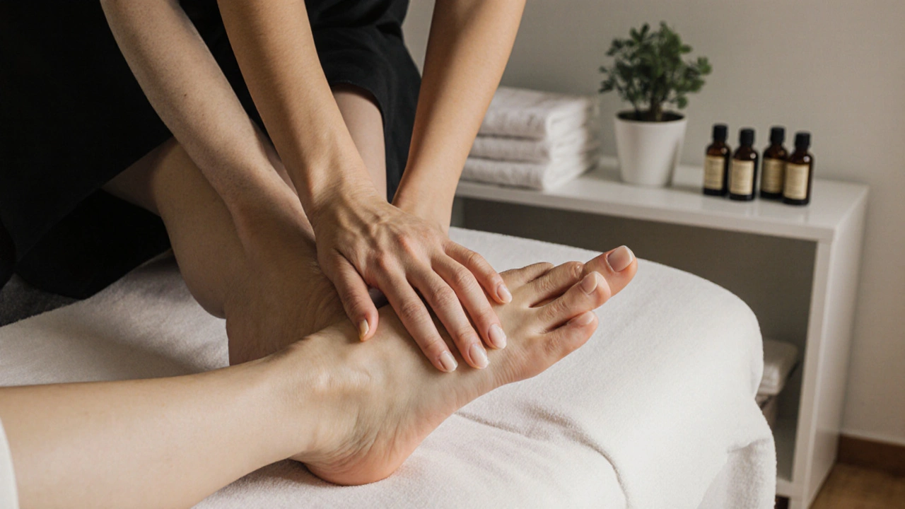 Detail ruky a nohy při masáži na vnitřní straně stehna, klient je oblečený, prostředí je čisté a profesionální.