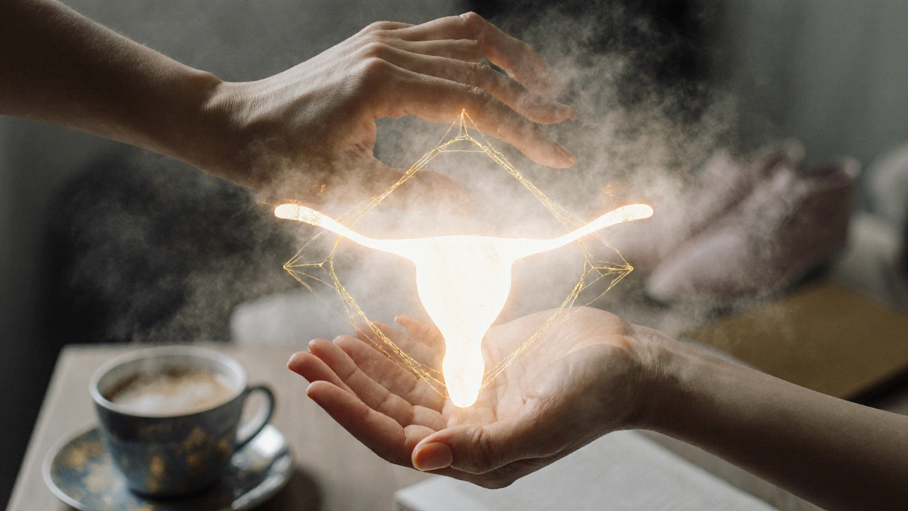 Dvě průhledné ruce se překrývají nad světícím, symbolickým tvarem připomínajícím posvátný prostor, ve stylu vodové malby.