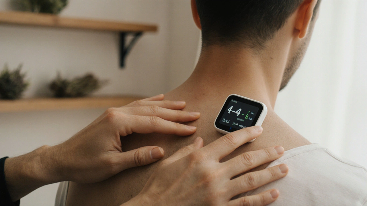 Dvě ruce synchronizují dýchání během masáže prostaty, na pozadí viditelný biofeedback senzor.