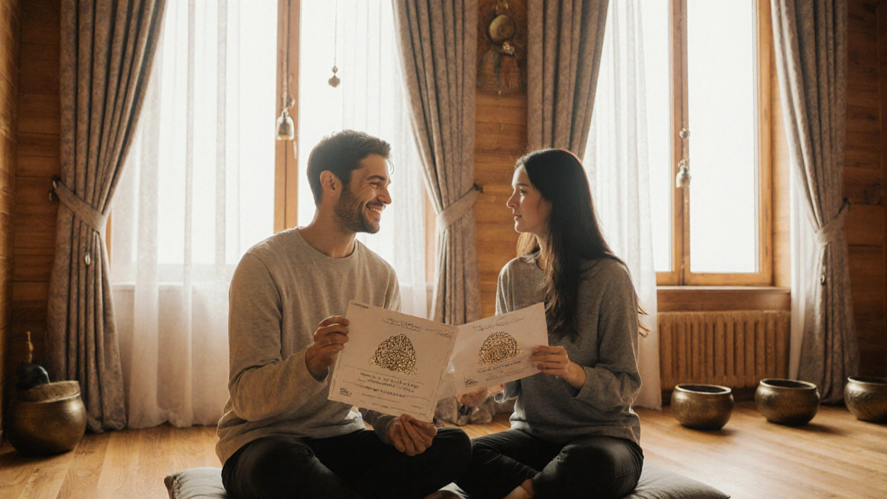 Dvojice drží dárkové poukazy na tantrickou masáž v luxusním wellness centru v Brně.