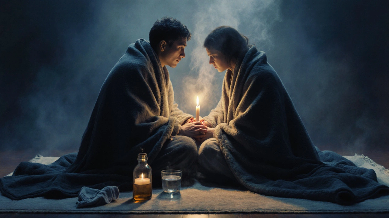 Dvojice sedí po masáži v tichém spojení, obalená plátny, bez slov, jen přítomnost.