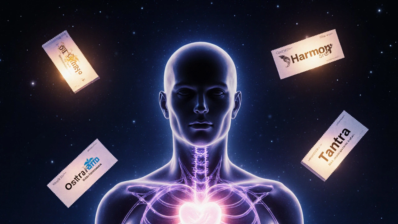 Energetická silueta s plavajícími dárkovými poukazy symbolizuje léčebný a vědomý zážitek.