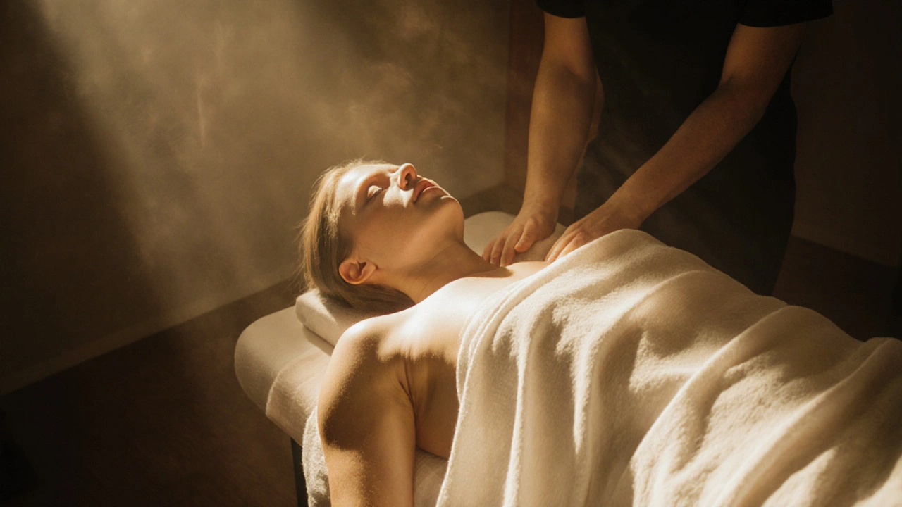 Klient leží uvolněně na masážním stole, když se horké žínky pomalu odstraňují, osvětleno teplým světlem.