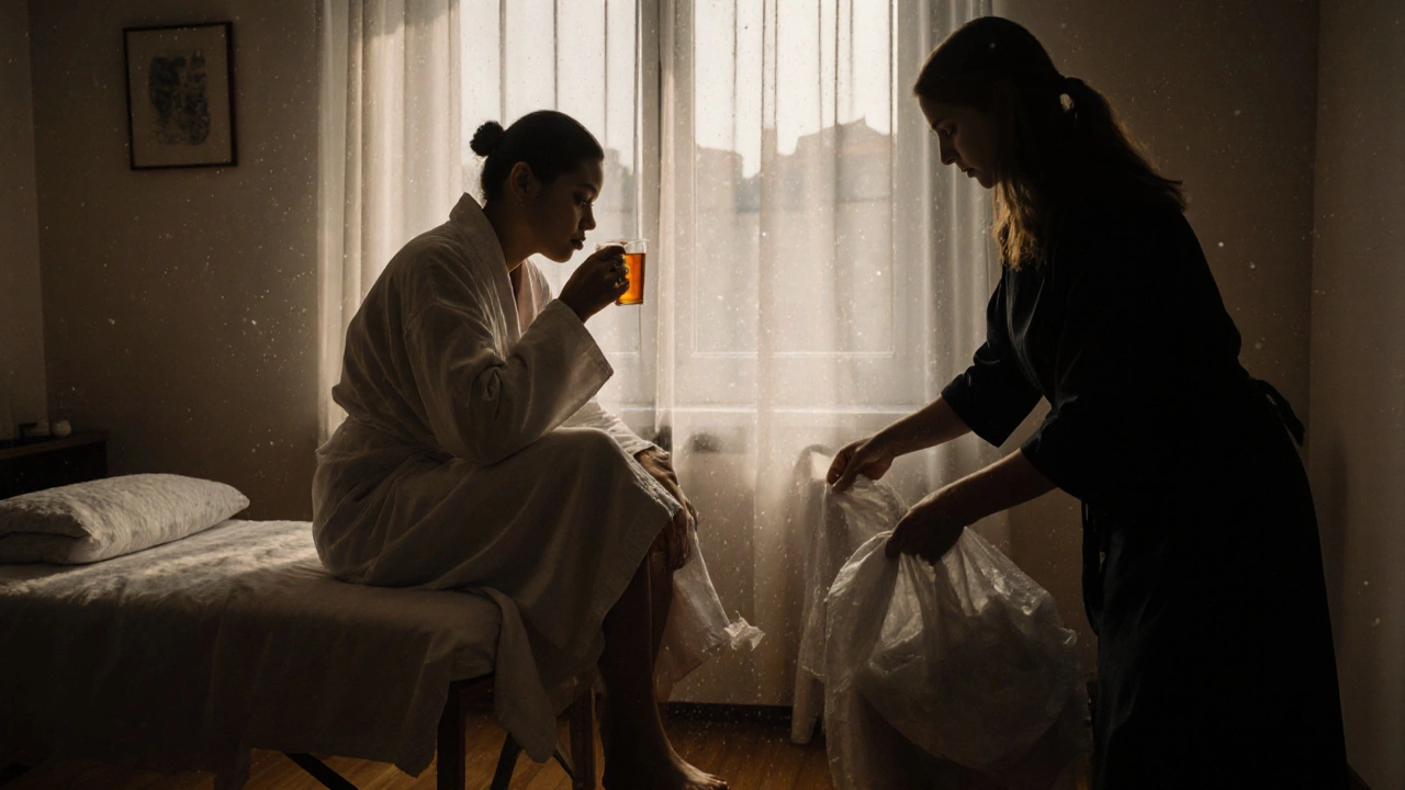 Klient po sezení sedí v pláštíku a pije čaj, průvodkyně sbírá jednorázové potřeby v klidném, čistém prostředí.