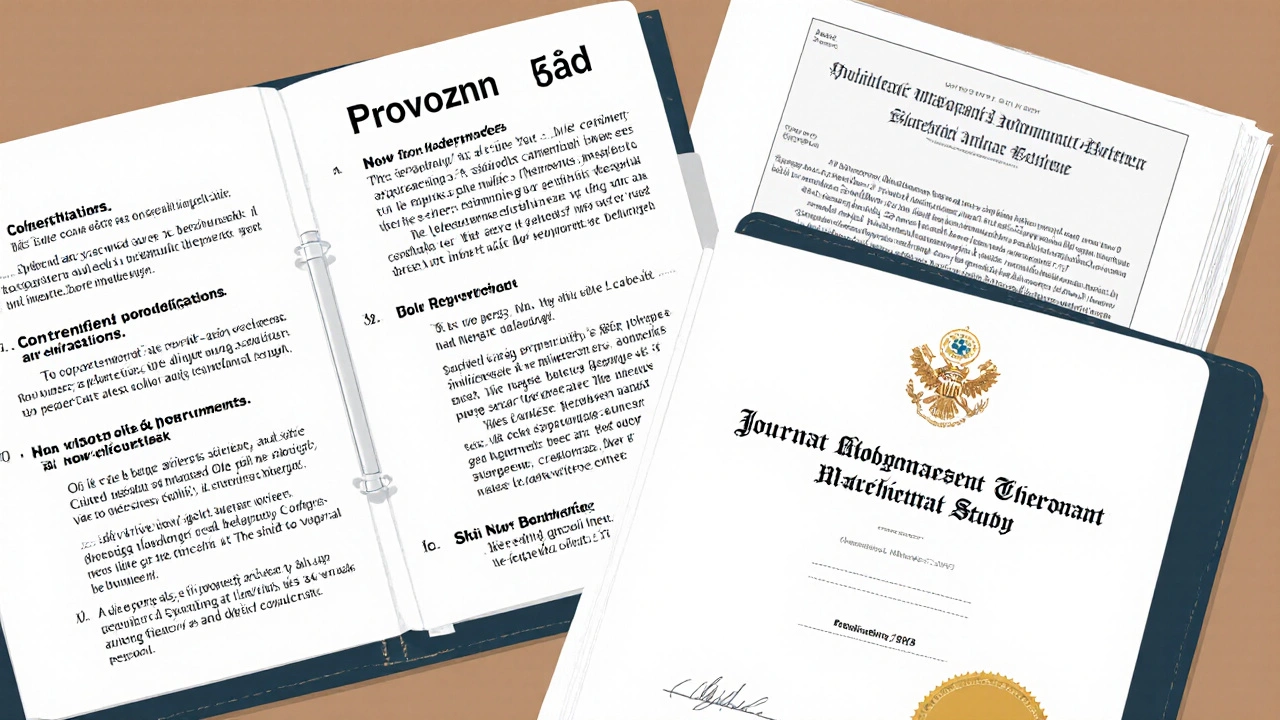 Otevřený provozní řád s technickými popisy, certifikáty a vědeckými studiemi na stole.