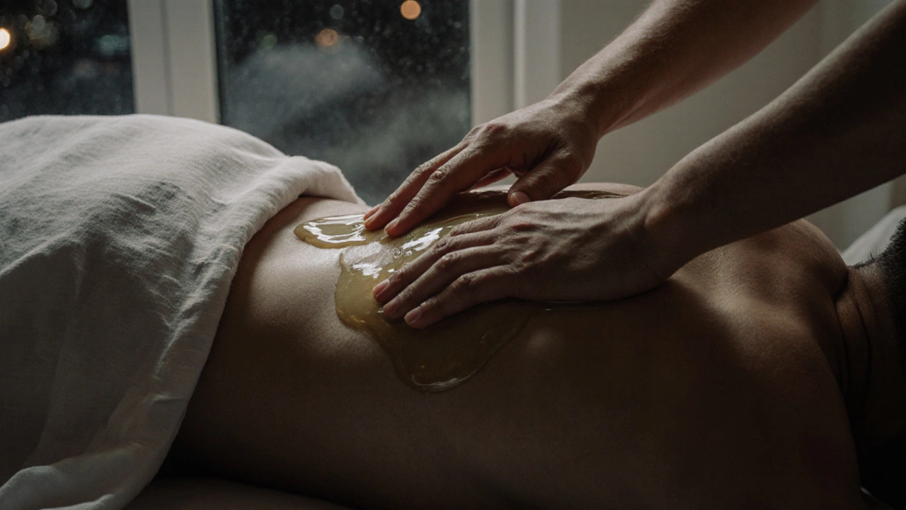 Ruce pomalu masírují stehna teplým olejem v klidné, intimitní atmosféře.