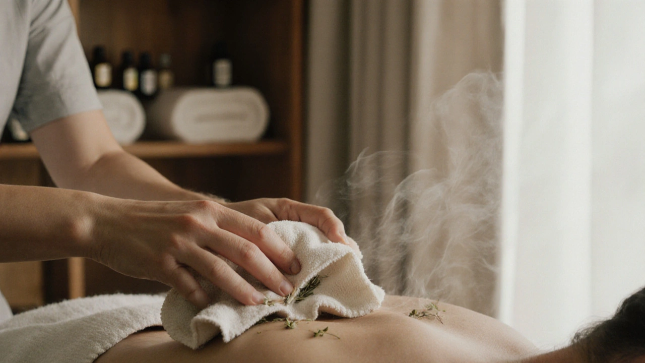 Ruce terapeuty testují teplotu horké žínky na zápěstí před aplikací na tělo klienta.