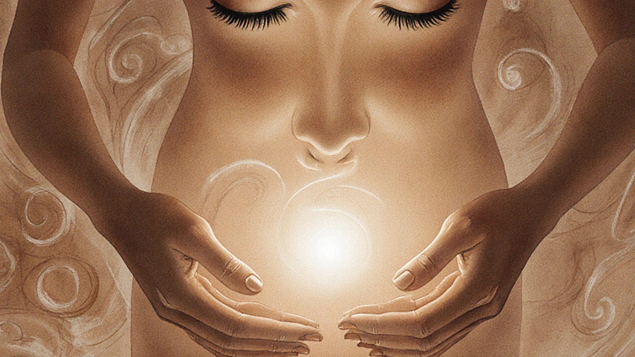 Ruce ženy ležící na břiše s jemným zářivým světlem nad pohlavními orgány.