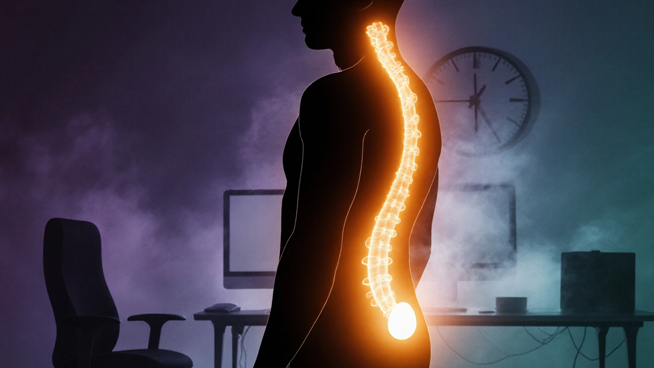 Symbolický obraz muže s tepnou teplé energie v pánvi, která se šíří výše tělem.