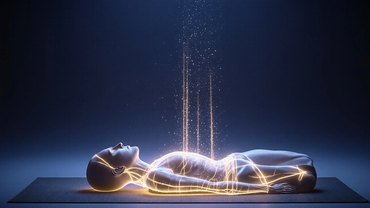 Tělo s vykreslenými světelnými energetickými cestami od pánve k hlavě.