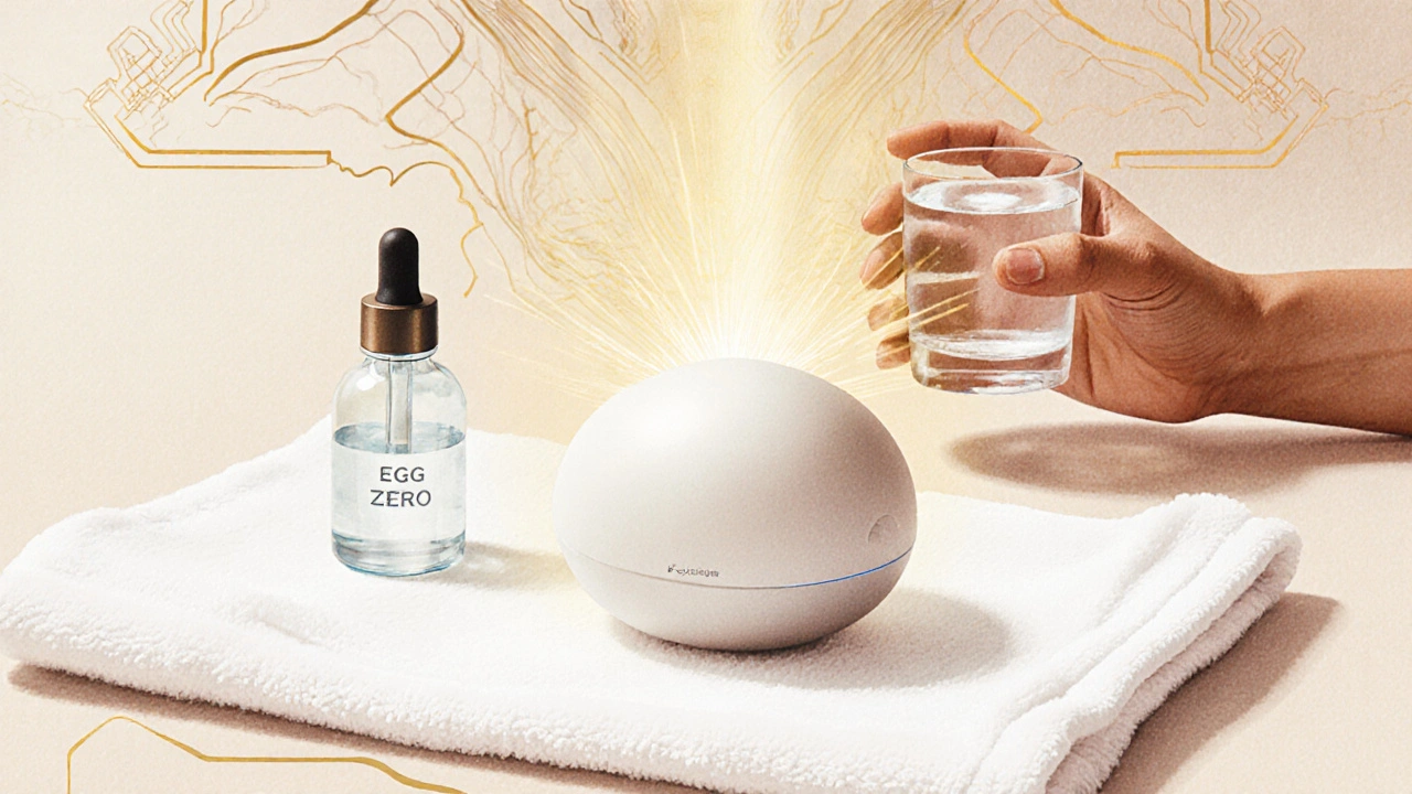 Tenga Egg Zero na bílém ručníku vedle lubrikantu a sklenice vody.