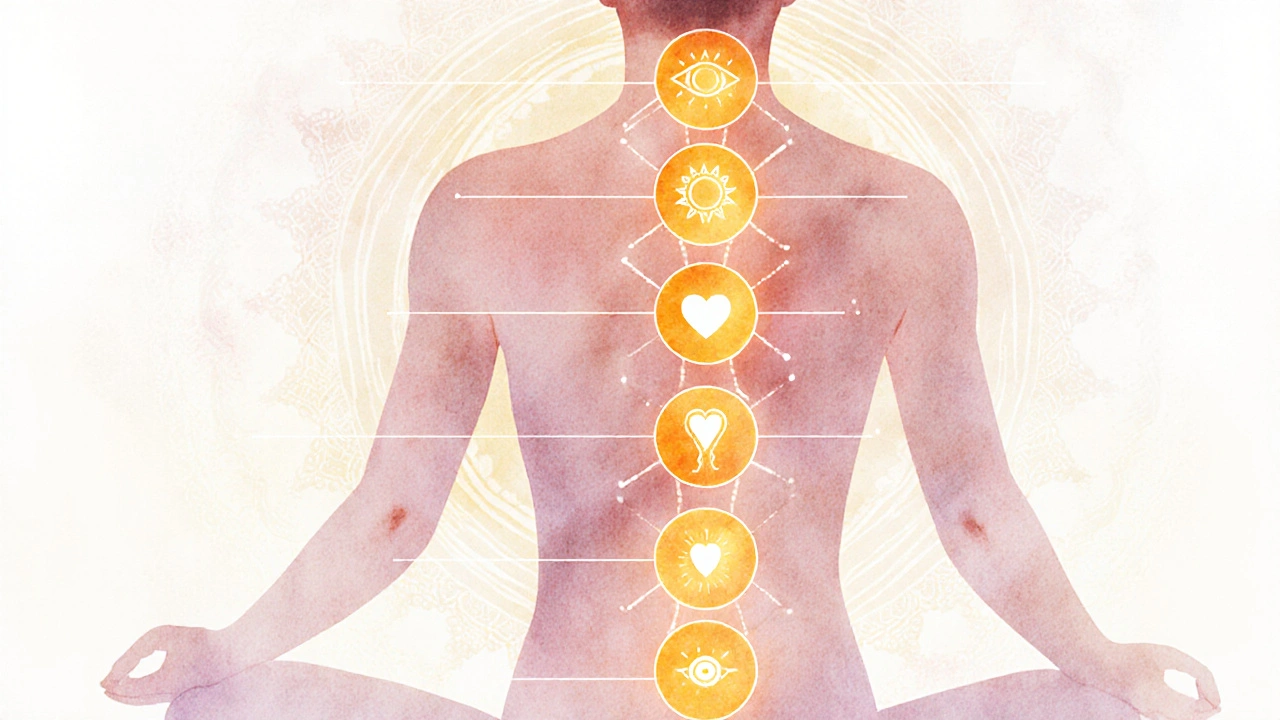 Teplé energie proudí podél těla a aktivují čakry během tantrické masáže.