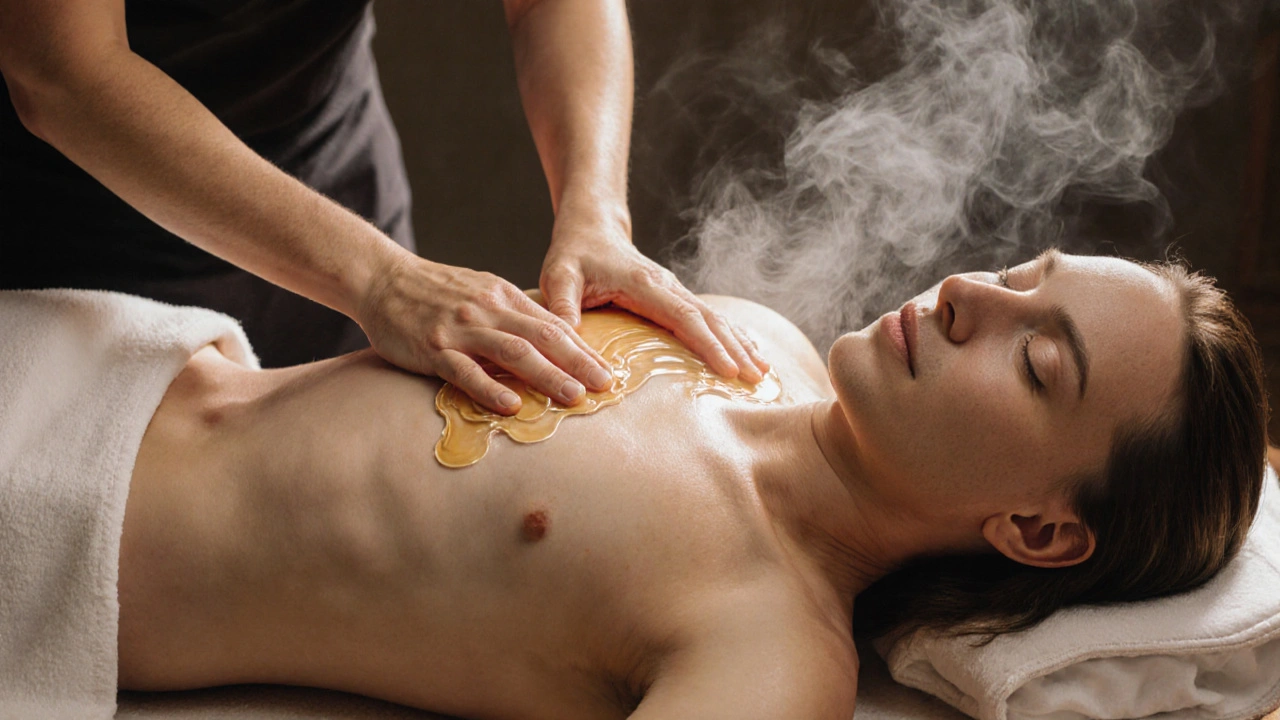 Terapeut aplikuje hluboký tlak na pánvi, olej leskne kůži, energie proudí tělem.