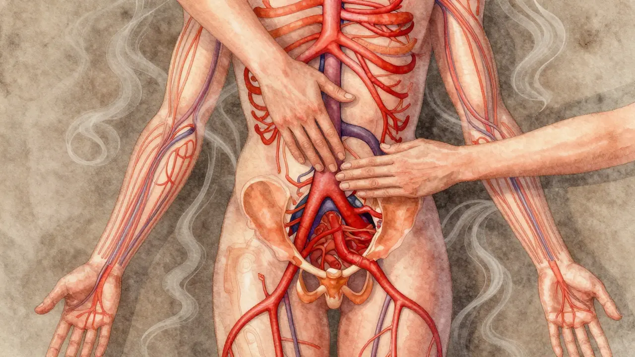 Abstraktní ilustrace lidského těla s rozšiřujícími se krevními cévami od pánve k končetinám.