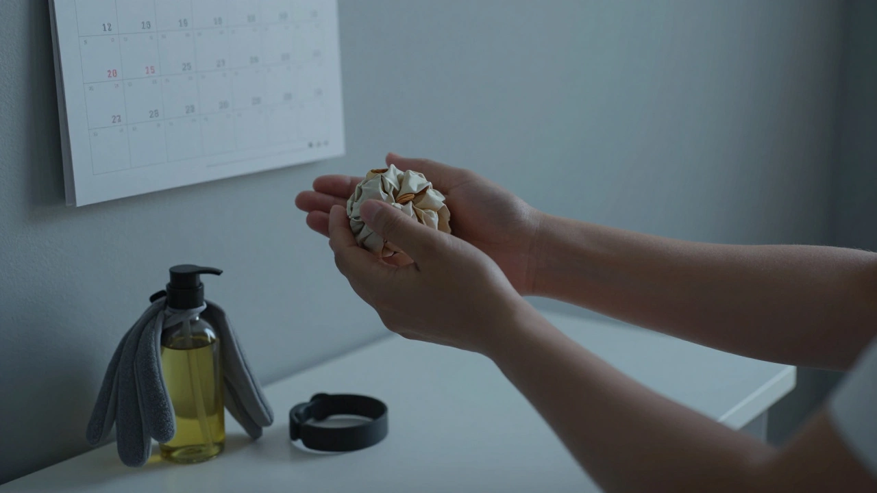 Ruce maséra provádějící denní cvičení: stisk papírové koule a protahování zápěstí s termálními rukavicemi a olejem.