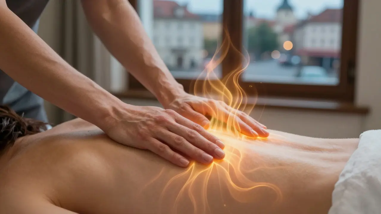 Ruce na zádech s viditelnými vlnami tepla, symbolizujícími zlepšený krevní oběh.
