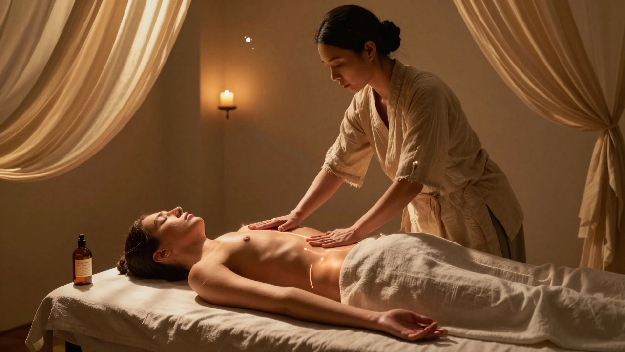 Terapeuta synchronizuje energii dvojice bez fyzického kontaktu, v pozadí svítí lucerny a zní tibetské zvonky.