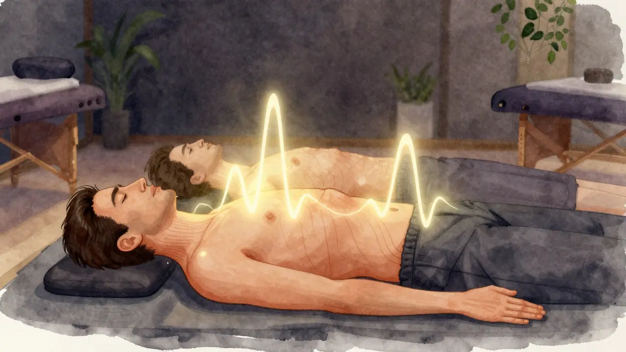 Abstraktní znázornění uvolnění napětí u muže a ženy během masáže s jemnými zářivými vlnami spojujícími jejich těla.