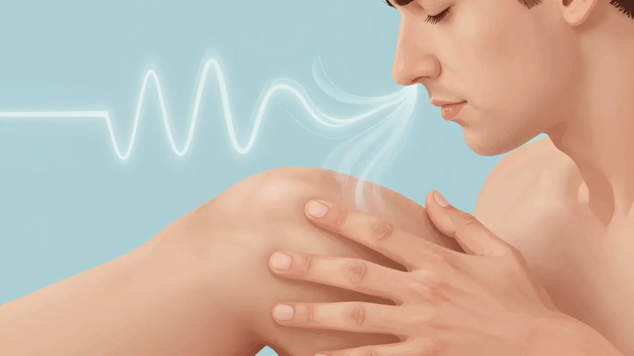 Detail ruky provádějící cvičení PC svalu s vizualizací dechu.