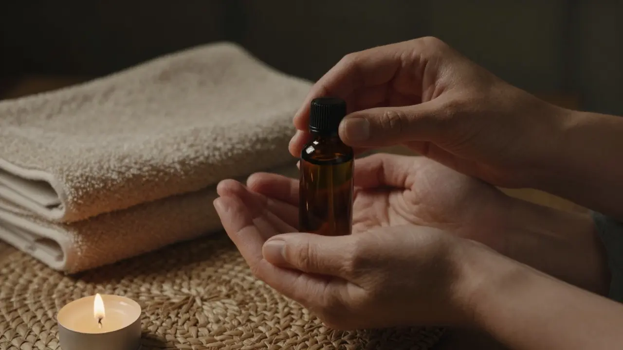 Dvě ruce předávající avokádový olej v klidném prostředí s plátnem a svíčkou, symbolizující důvěru a přípravu.