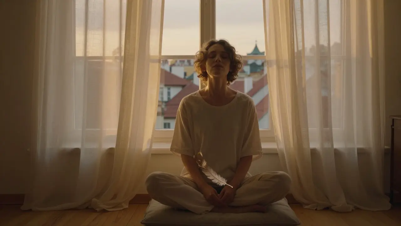 Osoba sedící v klidu s očima zavřenými, dýchá hluboce v teplém světle, na klíně leží pírko – značka vnitřního uvolnění.