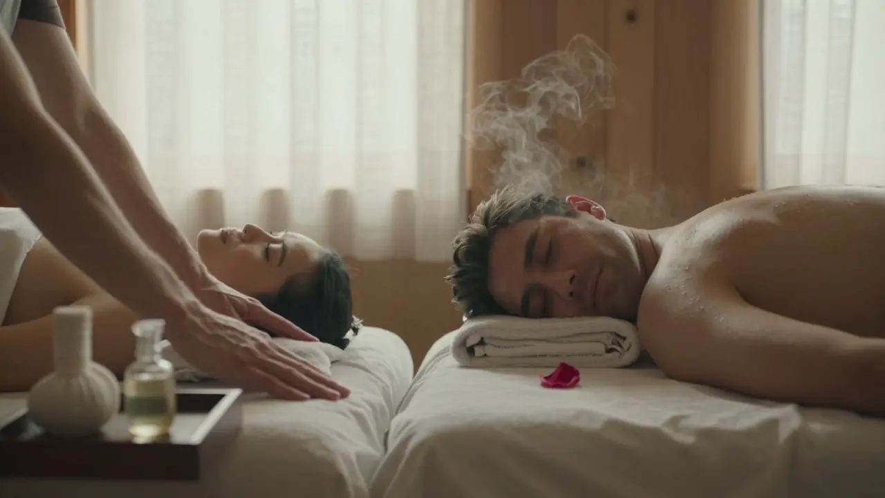 Pár po masáži klidně leží vedle sebe, ruce téměř se dotýkají, jemné světlo a rose petal mezi stoly, náznak hluboké spojenosti.