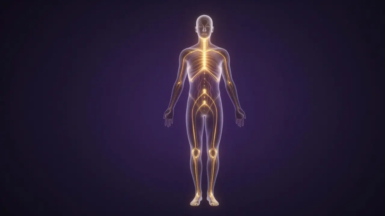 Průběh energie v těle jako světelné cesty od nohou po hlavu, bez fyzického kontaktu, v temném prostředí.