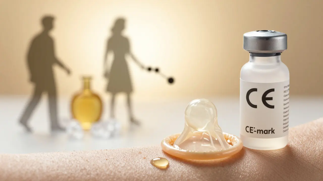 Certifikovaný lubrikační gel vedle kondomu s odstraněním nebezpečných látek.