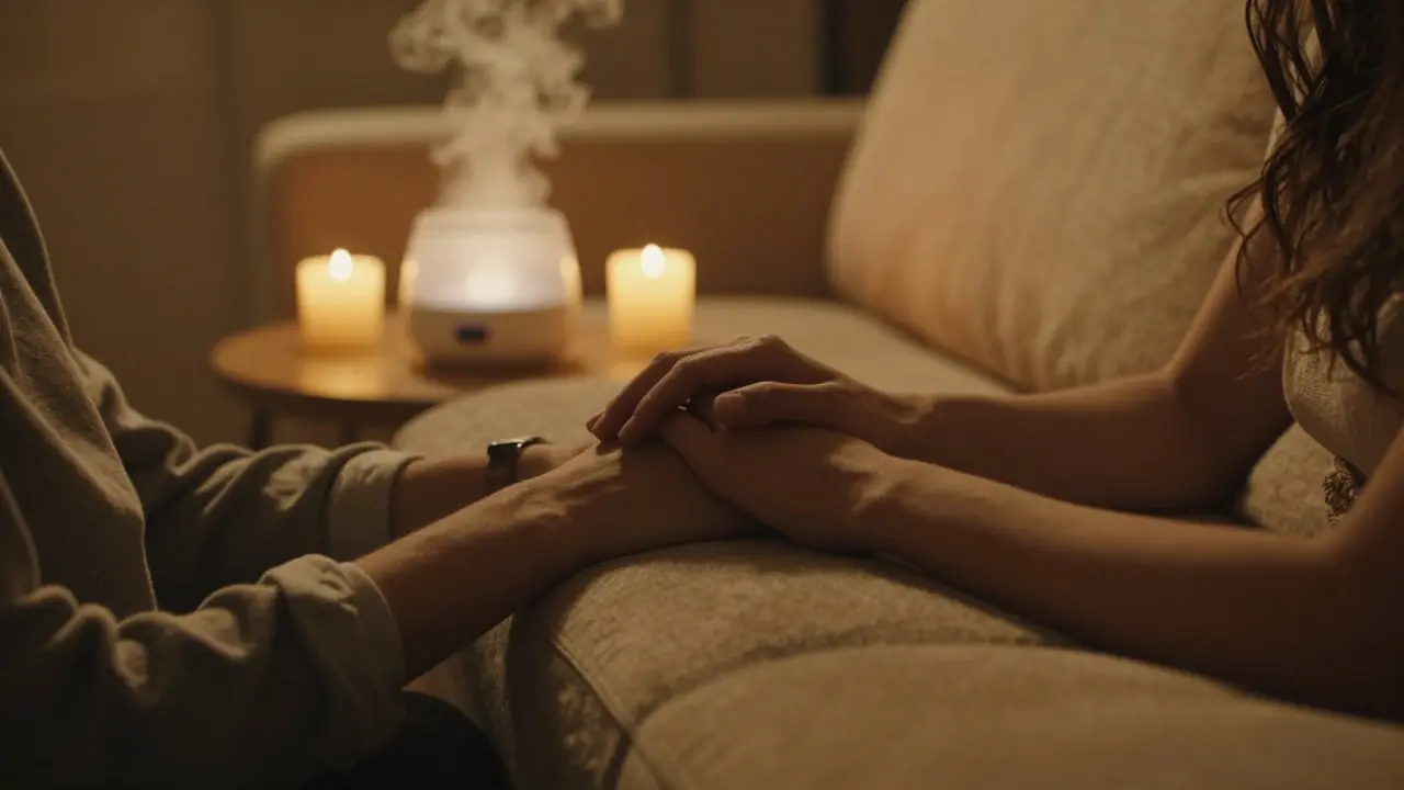Dvojice na sofě s svíčkami a aroma difuzérem v romantickém prostředí