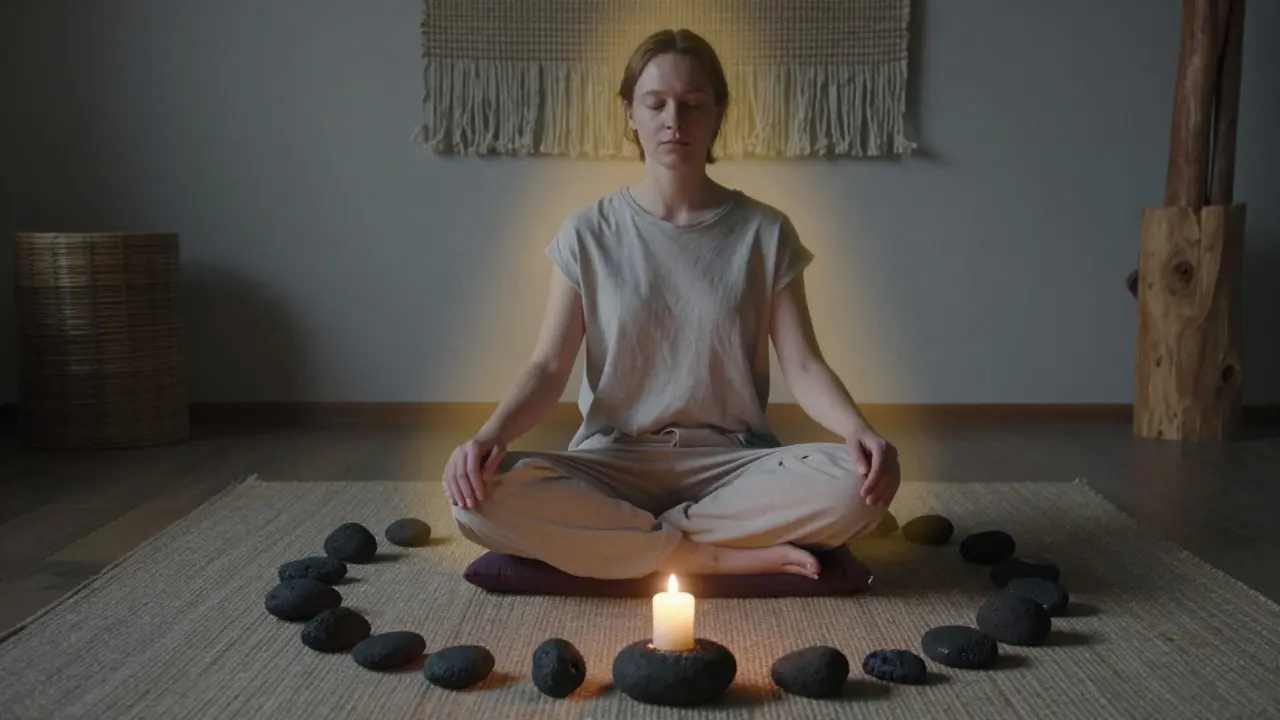 Klient sedí v klidu po masáži, cítí vnitřní teplo a uvolnění.