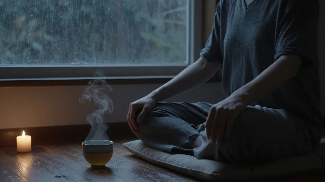 Osoba sedí v klidu po masáži, svíčka a hrnček s čajem, deštivé okno, atmosféra klidné introspekce.