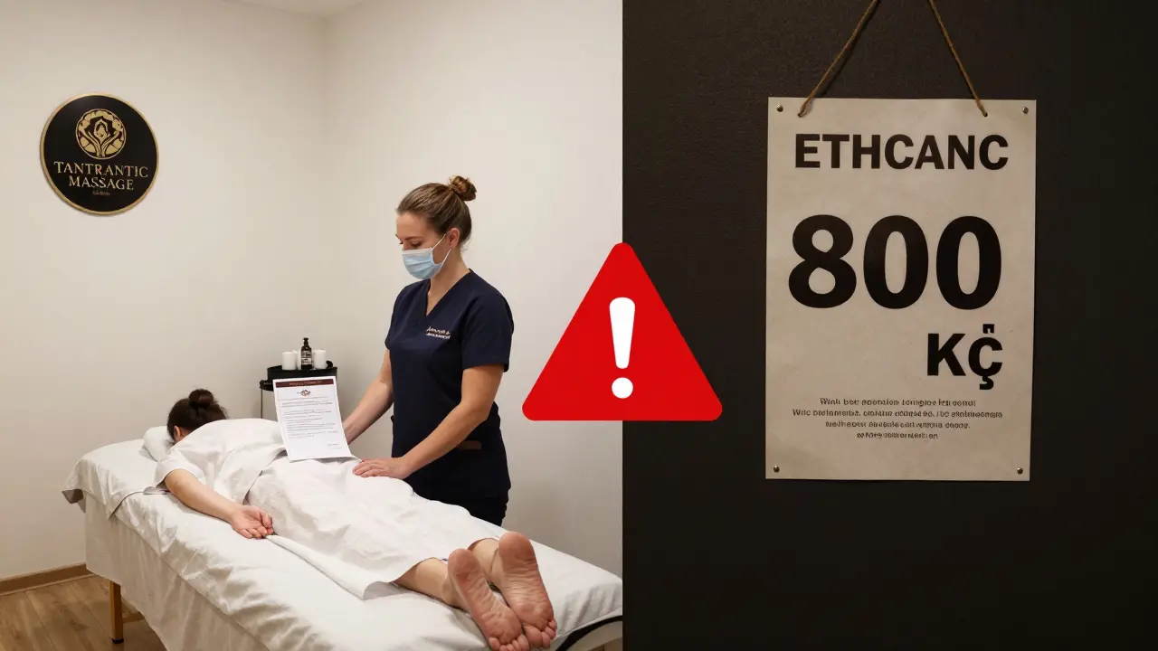Porovnání legální a nelegální tantrické masáže: čisté, profesionální prostředí na jedné straně, podezřelé, špatně vybavené místnosti na druhé.