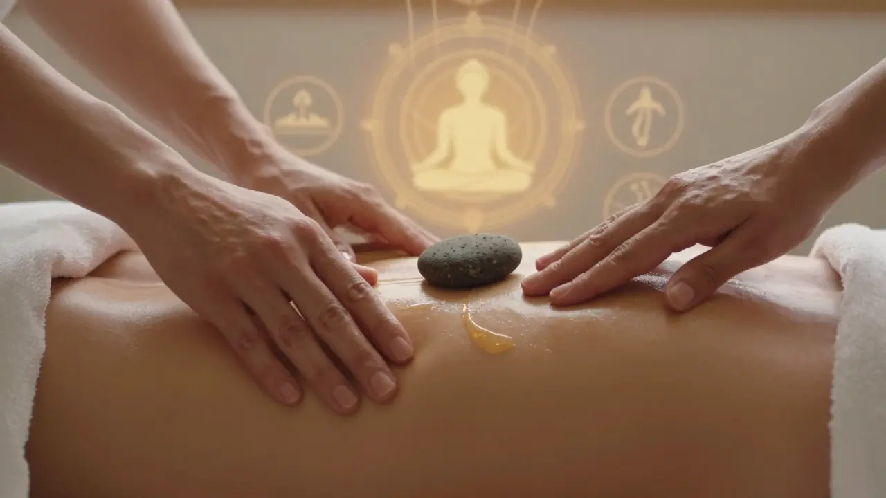 Ruce pohybují lávovými kameny po oblasti pánve a srdce s jemným olejem.