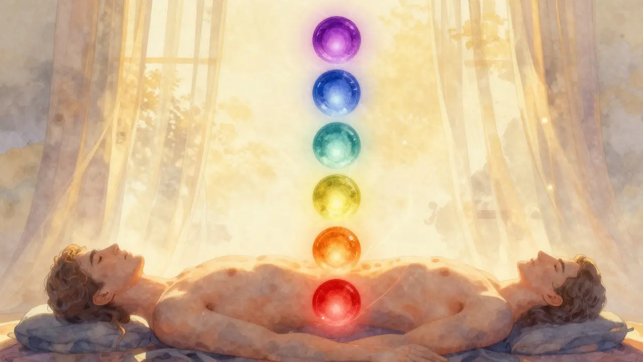 Sedm energetických center těla jako světla podél páteře s proudy energie mezi nimi, zobrazeno jako etherní ilustrace.