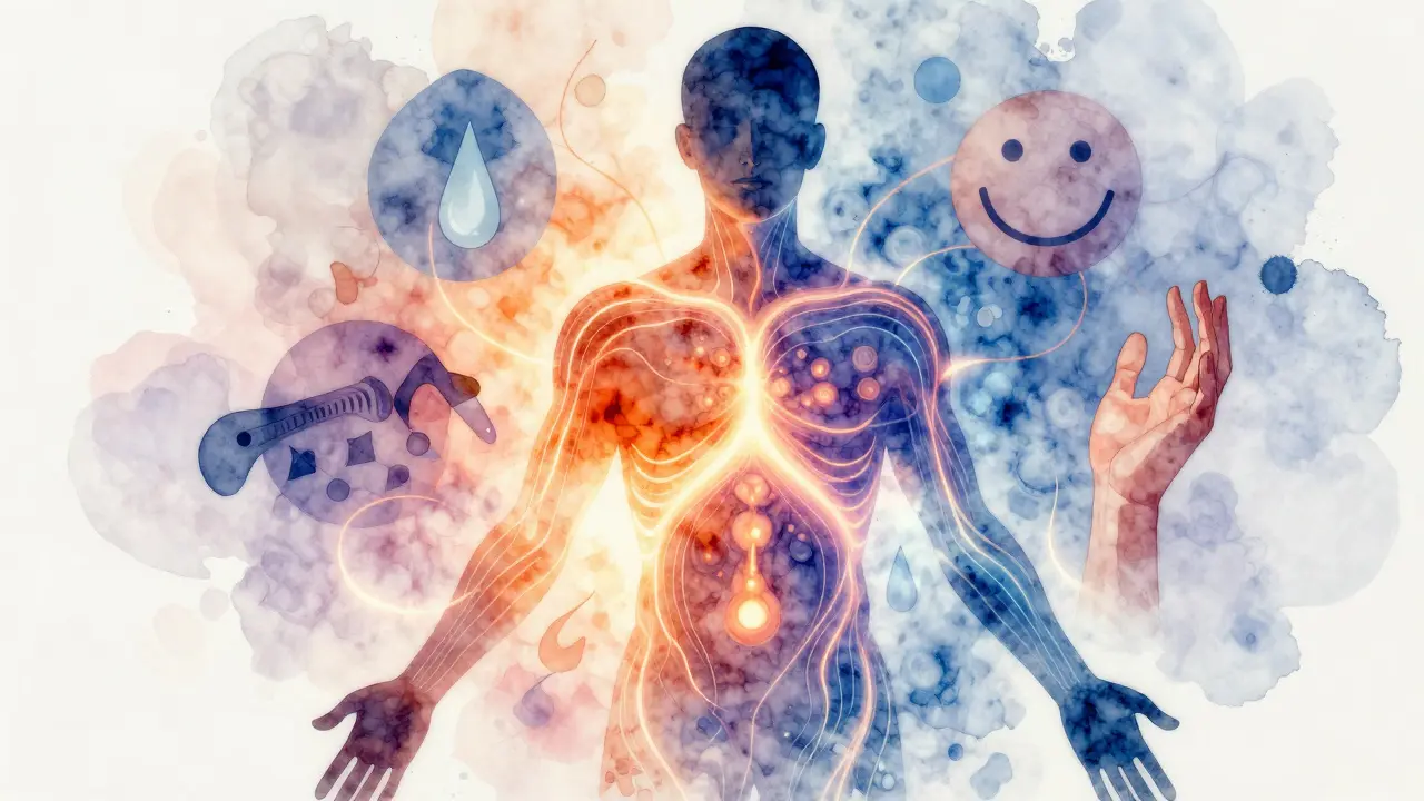 Symbolický obraz lidského těla s tělesnými energetickými cestami, které představují vibrace, teplotní změny a emoční uvolnění.