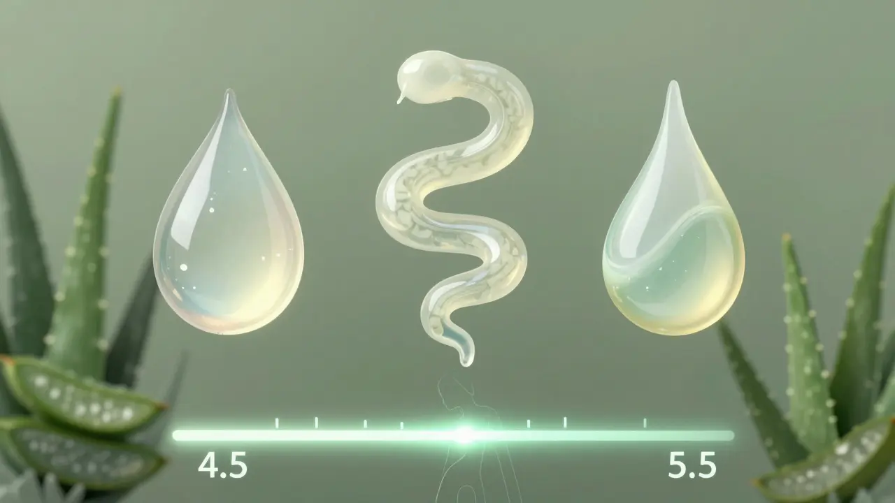 Tři typy lubrikačních gelů symbolicky zobrazeny jako kapky a proužky s pH škálou.