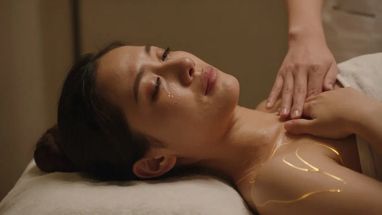 Žena pláčoucí během tantrické masáže, terapeutova ruka nechává prostor, teplé osvětlení zdůrazňuje emocionální uvolnění.