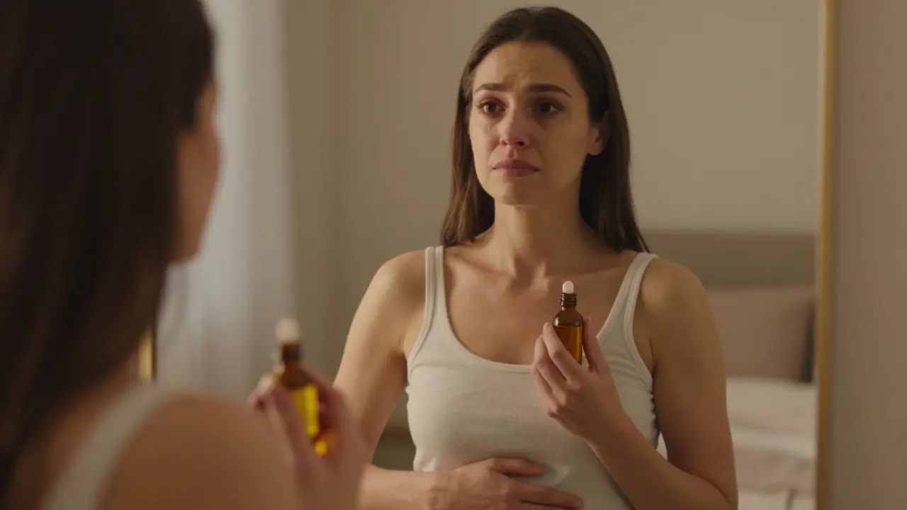 Žena se dívá do zrcadla do vlastních očí, zatímco jedna ruka klouže po břiše v klidném rituálu.