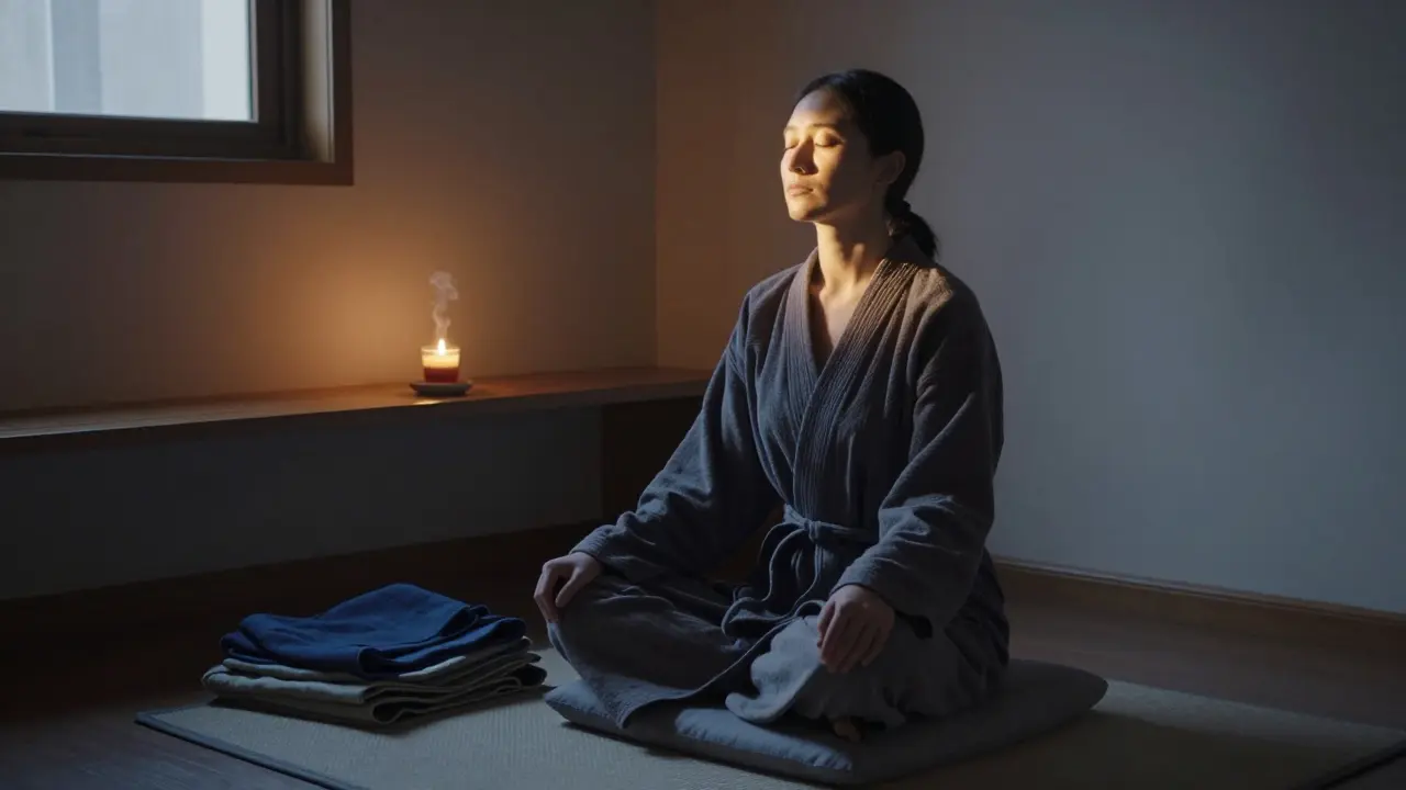 Osoba sedí v klidu na podlaze s očima zavřenými, připravuje se na tantrickou masáž s dýchaním a svíčkami kolem.