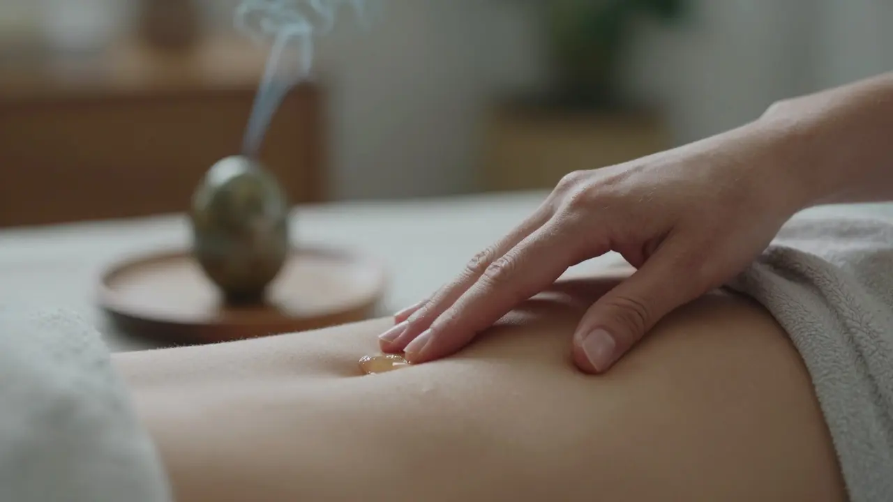 Ruka jemně masíruje vnější oblast yoni s přírodním lubrikantem.