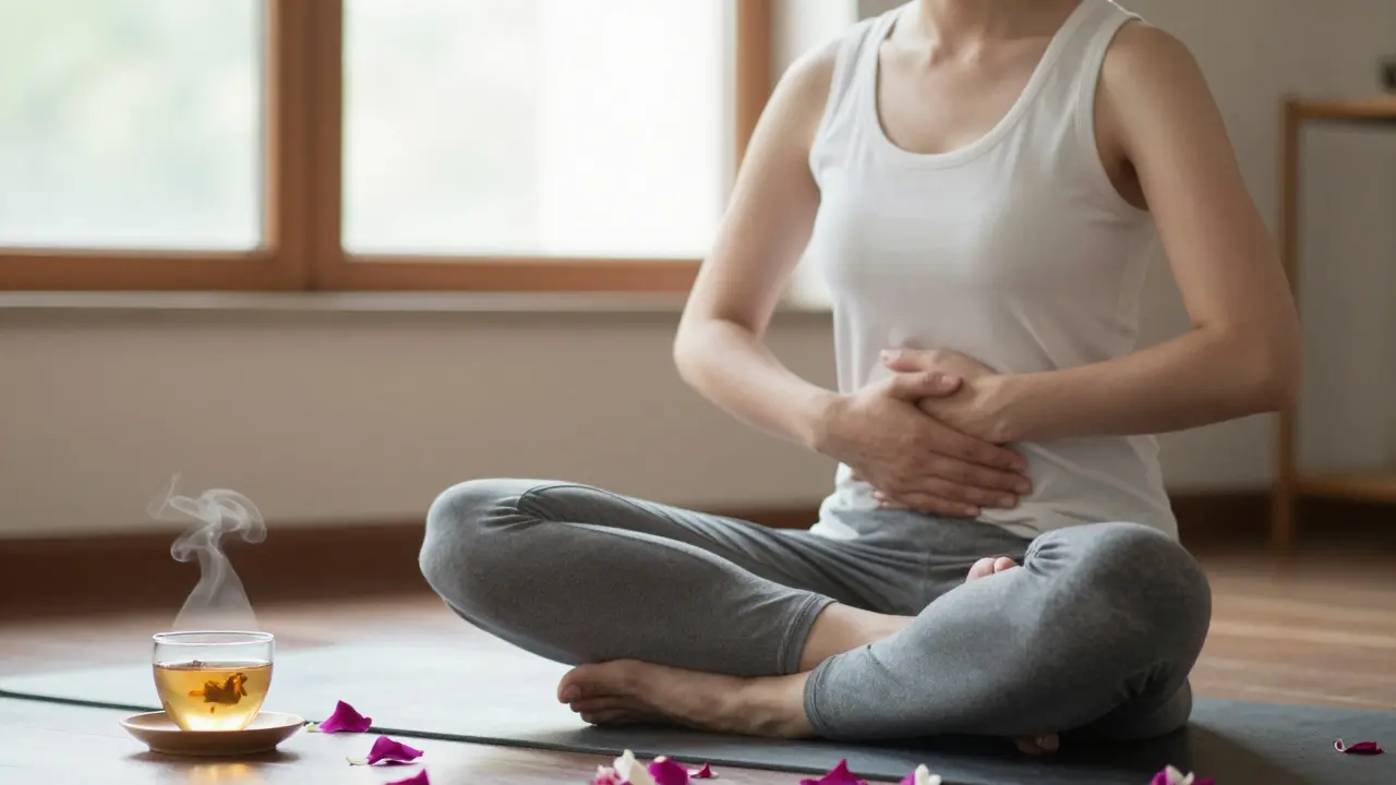 Žena medituje po masáži, s úsměvem a rukama na břiše, cítí vnitřní klid.
