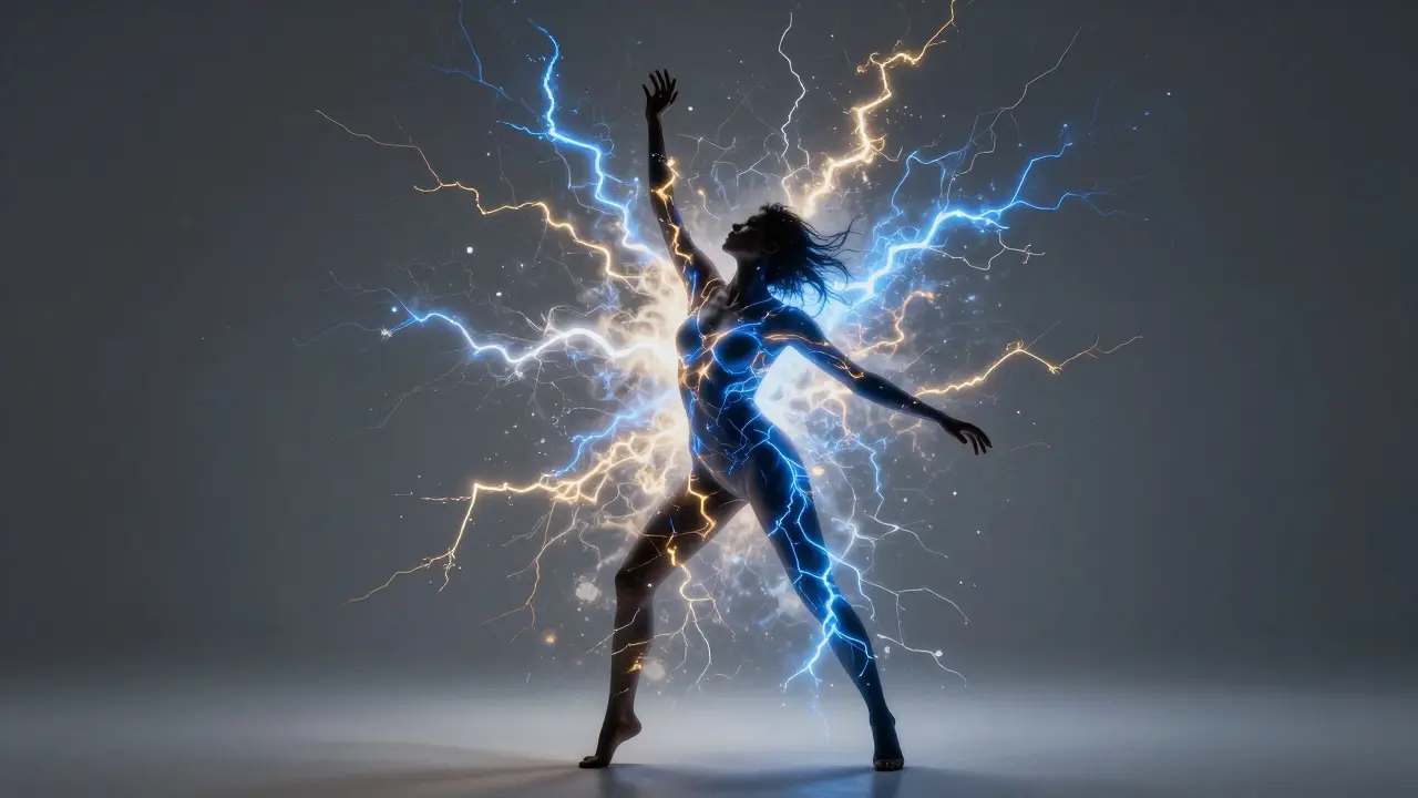 Abstraktní zobrazení celotělového orgasmu s elektrickými impulzy energie v celém těle.