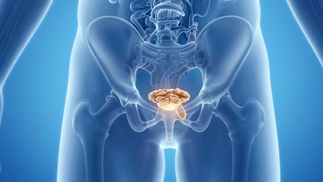 Anatomická 3D vizualizace polohy prostaty v pánvi muže.