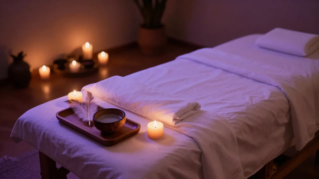 Atmosféra tantrického rituálu se svíčkami, olejem a peřím.